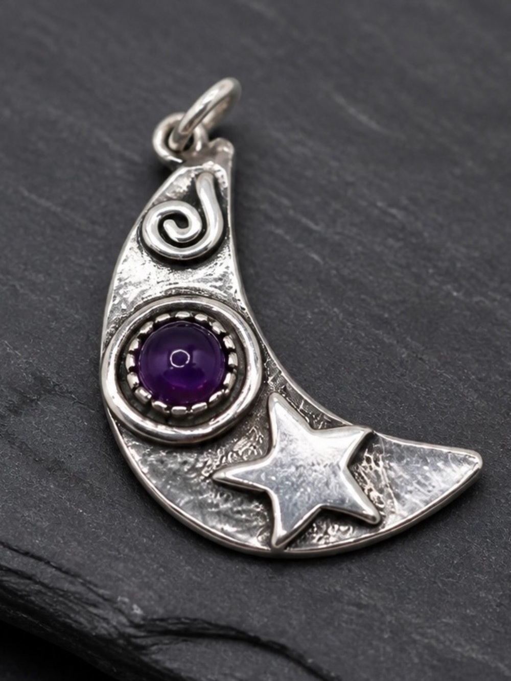 Sterling Silver Crescent Moon Pendant with Purple Amethyst Gemstone